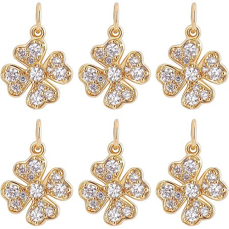 Beebeecraft 6Pcs/Box Four Leaf Clover Charms 18K Gold Plated Brass Good Luck Pendant Cubic Zirconia St. Patrick's Day Shamrock Charm for Jewelry Making