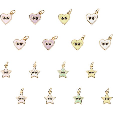 SUPERFINDINGS 16Pcs Heart Enamel Charms Real 18K Gold Plated Star Charm with Jump Rings 2 Style Star Heart with Eye Brass Enamel Charms for Bracelet Necklace Jewelry DIY Craft Making