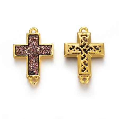 Brass Links connectors, with Druzy Resin, Golden Plated Color, Cross, Sienna, 19.7x13.5x3.5mm, Hole: 1.2mm