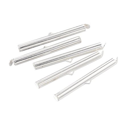 NBEADS 300 Pcs Brass Slide On End Clasp Tubes, Slider End Caps, Silver, 39.5x4mm, Hole: 1~2mm