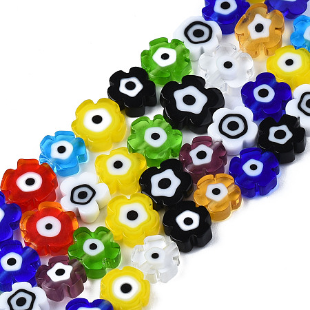 Honeyhandy Handmade Lampwork Beads Strands, Flower with Evil Eye, Mixed Color, 7~9x7~9x3mm, Hole: 0.8mm, about 50~52pcs/strand, 14.57 inch~15.35 inch(37~39cm)