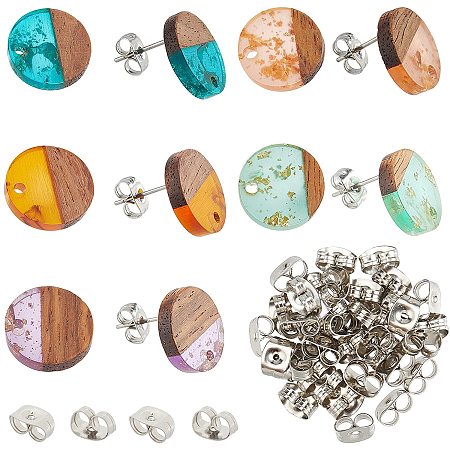 SUPERFINDINGS 5 Pairs 5 Colors Flat Round Resin Wood Stud Earring Wood Post Stud Earrings Wood Statement Jewelry Findings for Women Sister Friends Mom，pin:0.7mm