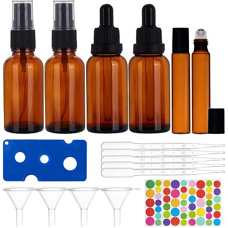 BENECREAT 24 Pack Amber Essential Oil Bottles Set, 1oz Dropper Bottles, 1oz Spray Bottles and 0.3oz Roller Bottles with 10PCS 3ml Droppers, 4 Hoppers, 2 Stickers and 1 Opener for Aromatherapy Blends