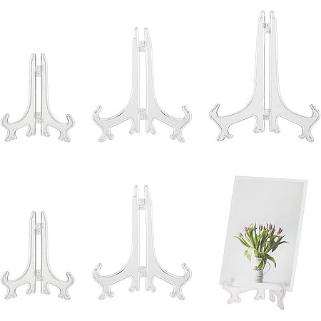 NBEADS 6 Pcs 3 Styles Clear Plastic Easels, Stand/Plate Holders Picture Frame Stand Holder for Wedding Birthday Items Display Home Decoration