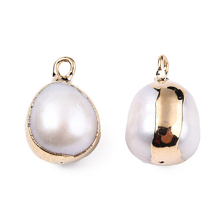 Honeyhandy Electroplate Natural Baroque Pearl Keshi Pearl Pendants, Cultured Freshwater Pearl, with Iron Findings, Oval Charm, Light Gold, 15.5~17x9~11.5x9~11mm, Hole: 1.8mm & 0.7mm