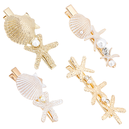 PandaHall Elite 4Pcs 4 Style Iron Alligator Hair Clips, with Alloy Findings, with Alloy Starfish/Shell & Plastic Beads or Resin Beads & Rhinestone, Mixed Color, 32x27mm