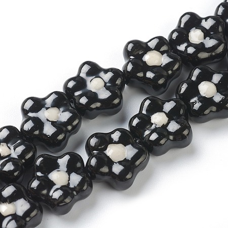 Honeyhandy Handmade Porcelain Flower Beads Strands, Black, 16.5x16.5x7mm, Hole: 2mm, about 20pcs/strand, 12.60 inch(32cm)