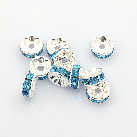 Honeyhandy Brass Rhinestone Spacer Beads, Grade A, Silver Color Plated, Rondelle, Sky Blue, Size: about 8mm in diameter, 3.5mm thick, hole: 2mm