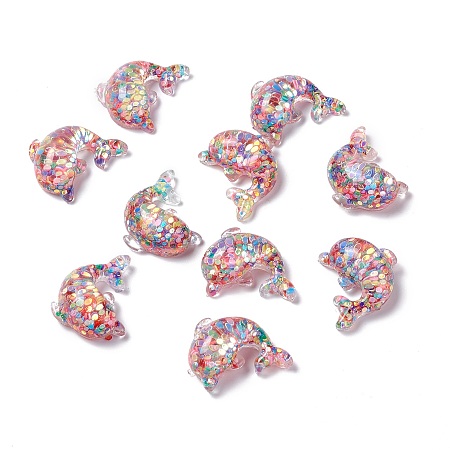 ARRICRAFT Transparent Resin Cabochons, Dolphin with Sequins, Colorful, 22x19x8mm