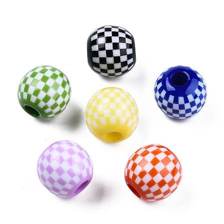 Opaque Resin European Beads, Large Hole Beads, Round with Tartan Pattern, Mixed Color, 19.5x18mm, Hole: 6mm