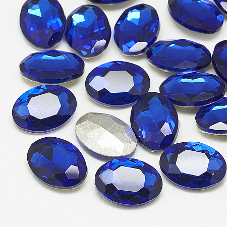 Honeyhandy Pointed Back Glass Rhinestone Cabochons, Back Plated, Faceted, Oval, Sapphire, 18x13x5.5mm