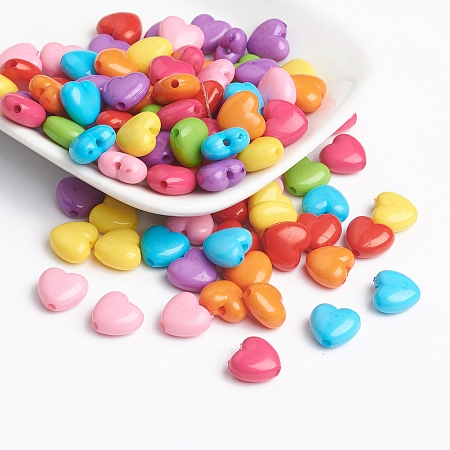 Opaque Acrylic Beads, Opaque, Heart, Mixed Color, Size: about 10mm long, 11mm wide, 6mm thick, hole: 2mm, about 2534pcs/1000g