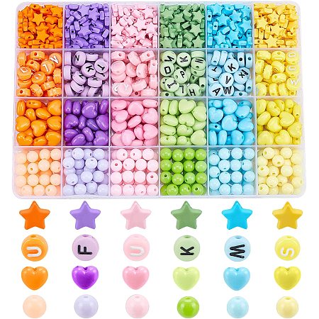 CHGCRAFT 840Pcs Candy Color Acrylic Heart Beads Star Beads Round Letter Beads Colorful Assorted Plastic Pastel Beads Heart Star Circle Shape Beads Bulk for Jewelry Making