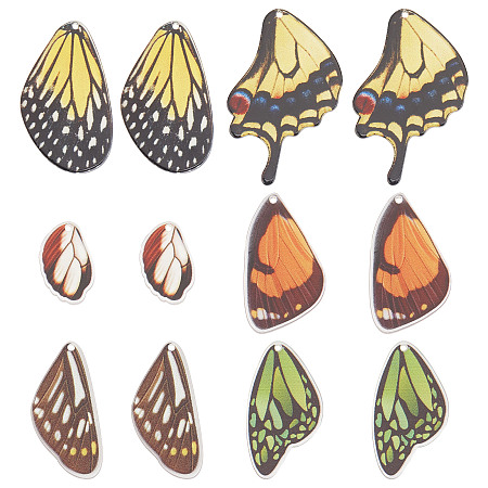 SUNNYCLUE 24Pcs 6 Style Printed Translucent Acrylic Pendants, Butterfly Wing, Mixed Color, 21.5~46x13.5~23.5x2mm, Hole: 1.5~1.6mm, 4pcs/style