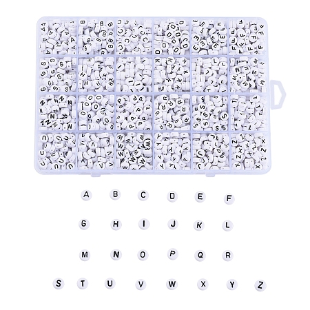 Honeyhandy Opaque Acrylic Beads, Horizontal Hole, Flat Round, Alphabet Style, White, Letter A~Z, 7x4mm, Hole: 1mm, about 1488pcs/box