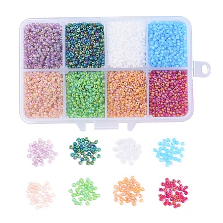 FGB 12/0 Round Glass Seed Beads, Transparent Frosted Style, AB Color Plated, Mixed Color, 2x1.5mm, Hole: 0.8mm, 22g/color, 8colors, 176g/box
