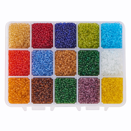 PandaHall About 21000pcs 15 Color 12/0 Transparent Glass Seed Beads 2mm Mini Beads with Container Box for Jewelry Making