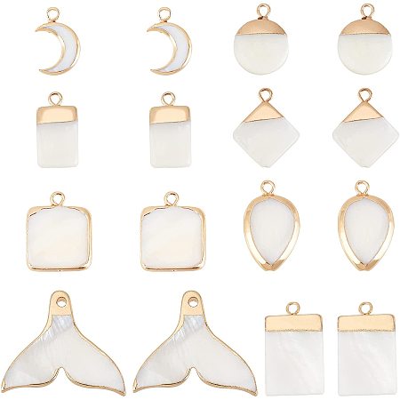 SUPERFINDINGS 16Pcs 8 Styles Natural Freshwater Shell Pendants Flat Round Natural Shell Charms Moon Fishtail Seashell Pendants with Golden Plated Brass Findings for Necklace Jewelry Making