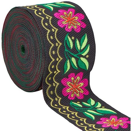 Pandahall Elite 7 Yards 2inch Jacquard Ribbon Daisy Leaves on Waves Fabric Bias Tape Floral Embroidered Woven Trim for Embellishment Craft Supplies