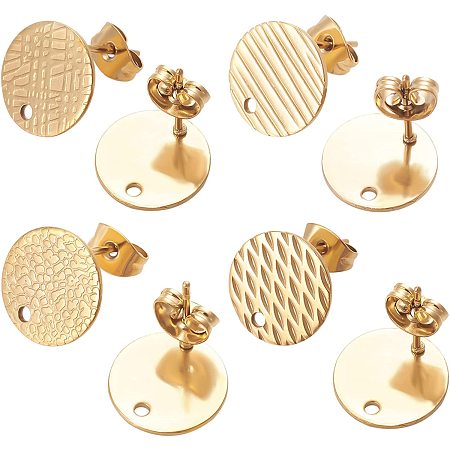 BENECREAT 24PCS Stainless Steel Flat Round Stud Earrings 4 Style Gold Textured Round Stud Earrings for DIY Earring Making, 6pcs/Style