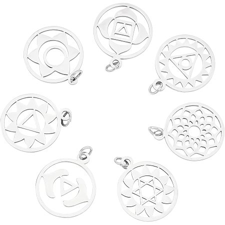 DICOSMETIC 14pcs 7 Styles 304 Stainless Steel Chakra Charms Flat Round Hollow Pendants Lotus Flower Charms Hypoallergenic Charms with Jump Rings for Jewelry Making,Hole:3mm