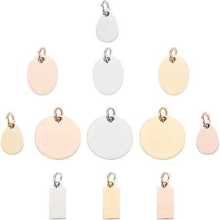 SUNNYCLUE 1 Box 4 Styles 3 Colors Tag Pendants Charms Oval Teardrop Rectangle Flat Round Stainless Steel Blank Stamping Pendant Jump Rings for DIY Bracelets Necklaces Crafts Making Supplies