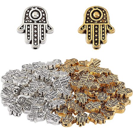 SUNNYCLUE 1 Box 100Pcs 2 Colors Hamsa Hand Beads Alloy Hand of Fatima Miriam Loose Spacer Bead Charms Chakra Tibetan Style for Jewelry Making Bracelets Necklaces Crafts Supplies