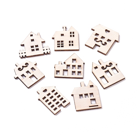 Honeyhandy Laser Cut Wood Shapes, Unfinished Wooden Embellishments, Poplar Wood Cabochons, House, Blanched Almond, 26.5~29.5x19.5~25.5x2.5mm, about 100pcs/bag