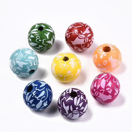 Honeyhandy Printed Natural Wooden Beads, Round with Floarl Pattern, Mixed Color, 14x13mm, Hole: 3mm