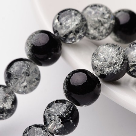 Honeyhandy Crackle Glass Beads Strands, Round, Black, 10mm, Hole: 1.3~1.6mm, about 80pcs/strand, 31.4 inch