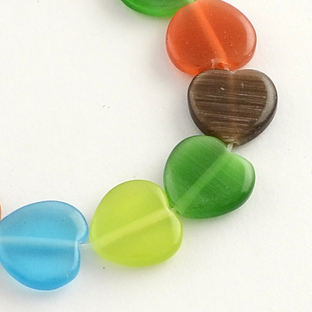 Honeyhandy Cat Eye Glass Bead Strands, Heart, Mixed Color, 12x12x3mm, Hole: 1mm, about 32pcs/strand, 14 inch