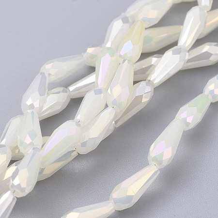 Honeyhandy Electroplated Opaque Glass Beads Strands, Full Rainbow Plated, Faceted, Teardrop, White, 9~10x4mm, Hole: 0.8mm, about 70~72pcs/strand, 25.98 inch~27.95 inch(66~71cm)