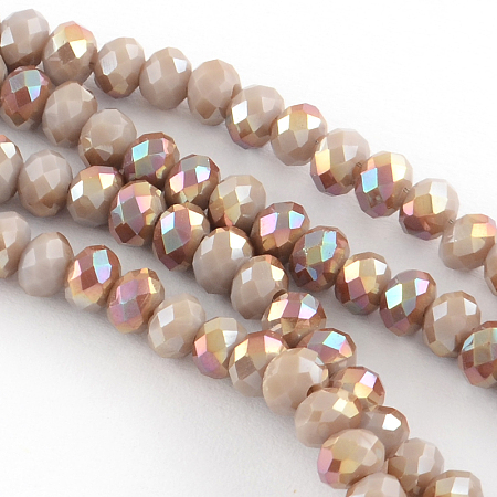 Electroplate Glass Faceted Rondelle Bead Strands, Half Rainbow Plated, DarkSalmon, 6x4mm, Hole: 1mm; about 100pcs/strand, 15.7