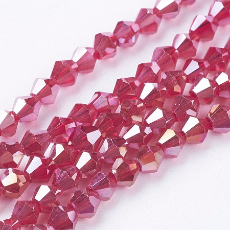 Honeyhandy Glass Beads Strands, AB Color Plated, Faceted, Bicone, Dark Red, 4x4mm, Hole: 1mm, about 92~96pcs/strand, 13.78~14.37 inch