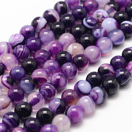 Honeyhandy Natural Striped Agate/Banded Agate Bead Strands, Round, Grade A, Dyed & Heated, Purple, 6mm, Hole: 1mm, about 62~63pcs/strand, 14.5 inch