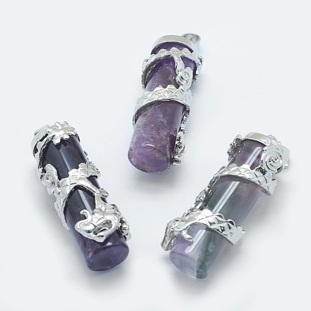 Honeyhandy Natural Amethyst Pendants, with Brass Findings, Column with Dragon, Platinum, 40.5~41.5x14x15mm, Hole: 3.5x5mm