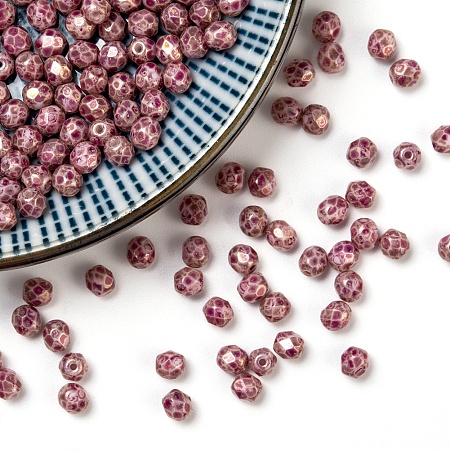 NBEADS Czech Fire Polished Glass Beads, Faceted, Drum, Magenta, 4x4mm, Hole: 0.8mm; about 115pcs/10g
