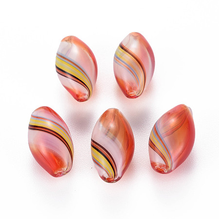 Honeyhandy Transparent Handmade Blown Glass Globe Beads, Stripe Pattern, Rice, Crimson, 18~19x10mm, Hole: 1~2mm
