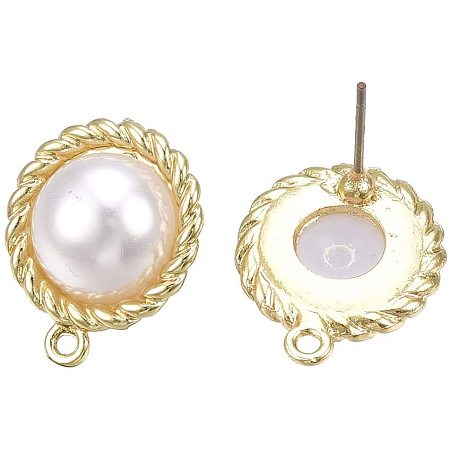 CHGCRAFT About 10pcs Alloy Stud Earring Findings Half Round Shaped Chamrs with Loop Light Gold Earrings with Steel Pins and Plastic Imitation Pearl for DIY Jewelry Making 18x15mm, Hole 1.2mm