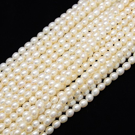 Grade A Natural Cultured Freshwater Pearl Beads Strands, Rice, Creamy White, 4~5x3~3.5mm, Hole: 0.8mm; about 75pcs/strand, 13.77 inches~14.17 inches