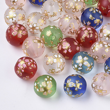 Printed Transparent Resin Beads, Frosted, Round with Sakura Flower Pattern, Mixed Color, 11.5x11mm, Hole: 2mm
