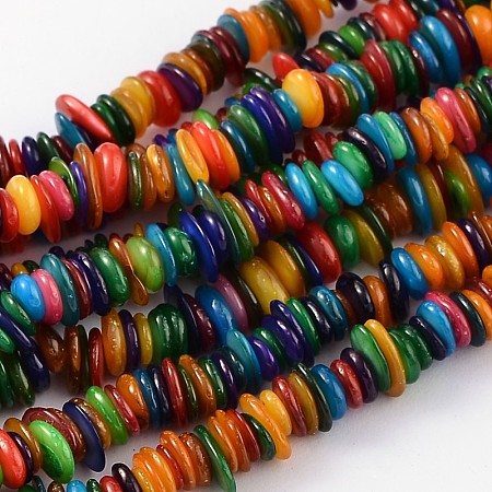 ARRICRAFT Colorful Natural Shell Chips Beads Strands Fit Necklace Making, Dyed, 5~10mm, Hole: 1mm, about 402pcs/strand, 12-5/8 inches(32cm)