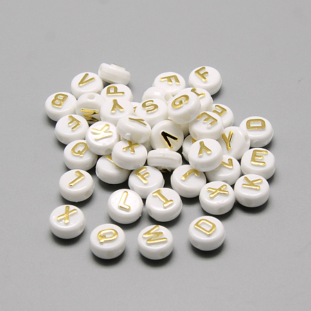 Honeyhandy Plating Acrylic Beads, Golden Metal Enlaced, Horizontal Hole, Mixed Letters, Flat Round, Gold, 9.5~10x6mm, Hole: 2mm