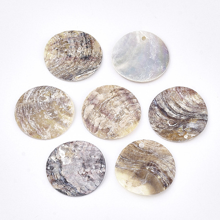 Honeyhandy Natural Akoya Shell Pendants, Mother of Pearl Shell Pendants, Flat Round, BurlyWood, 20x1~2mm, Hole: 1.5mm