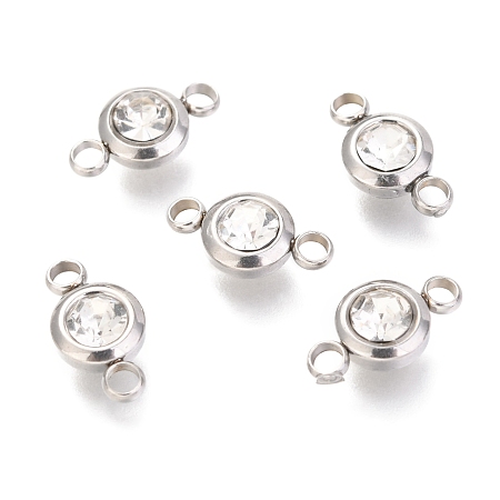 Honeyhandy 304 Stainless Steel Rhinestone Links Connectors, Flat Round, Stainless Steel Color, Crystal, 12x6.5x4mm, Hole: 2mm
