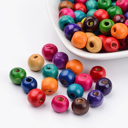 Honeyhandy Round Natural Wood Beads, Dyed, 9x10mm, Hole: 3.5mm
