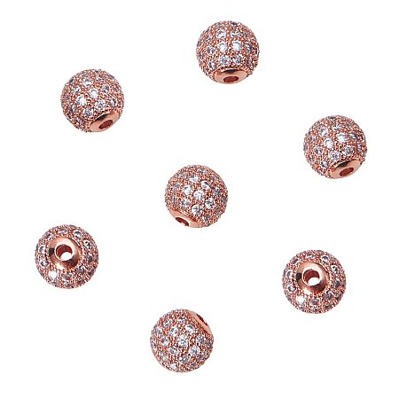 NBEADS 10 Pcs Rose Gold Cubic Zirconia Beads, 8mm Brass Clear Crystal CZ Stones Pave Micro Setting Disco Ball Spacer Beads Round Charms Beads for Jewelry Making