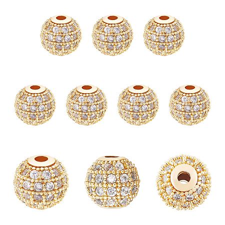 SUNNYCLUE 10Pcs Rack Plating Brass Cubic Zirconia Beads, Long-Lasting Plated, Round, Golden, 8x7mm, Hole: 2mm