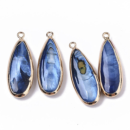 Honeyhandy Natural Freshwater Shell Pendants, with Iron Loops, Edge Golden Plated, Dyed, Teardrop, Marine Blue, 31~33x10.5~12x5mm, Hole: 1.8mm