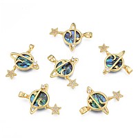 Brass Micro Pave Clear Cubic Zirconia Pendants, with Synthetic Abalone Shell/Paua Shells, Real 18K Gold Plated, Nickel Free, Planet with Star, Colorful, 16x22x4.5mm, Hole: 2.5x4mm